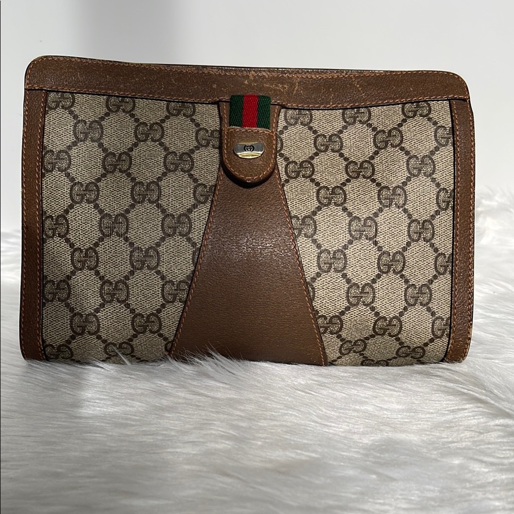 Pre-Love GUCCI GG Canvas Web Sherry Line Clutch Bag Beige Red Green